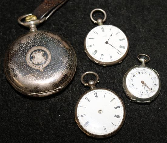 3 silver pocket watches & a fob watch